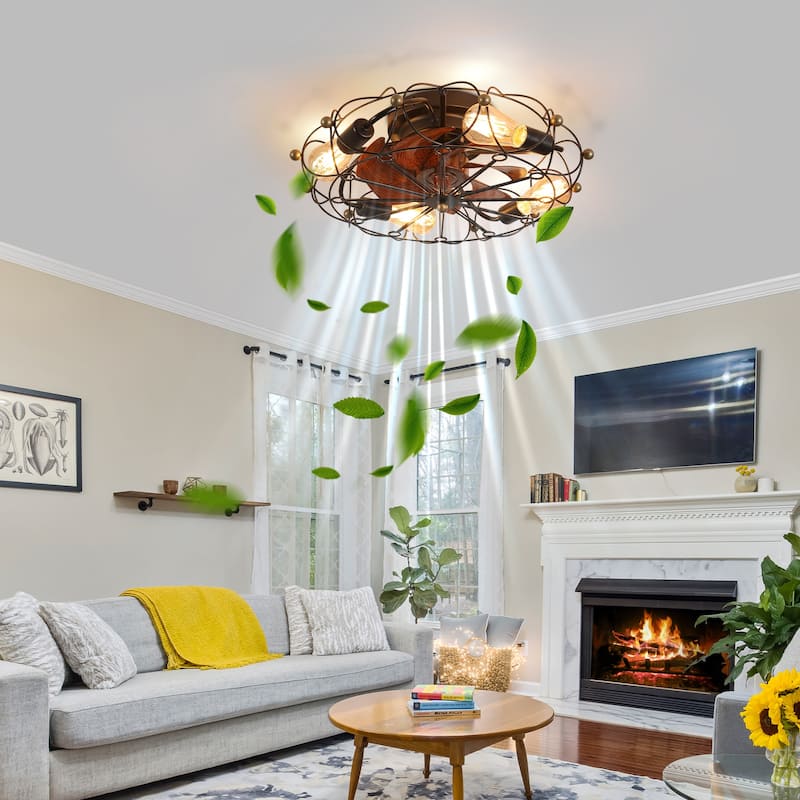 Modern Flush Mount Ceiling Fan Light with Light and Remote Control, Cage Design for Bedroom and Living Room