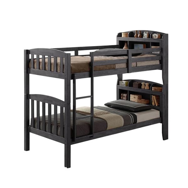 slide 2 of 5, Twin over Twin Bunk Bed with Bookcase Headboards in Stain Gray - Stain Gray Stain Gray