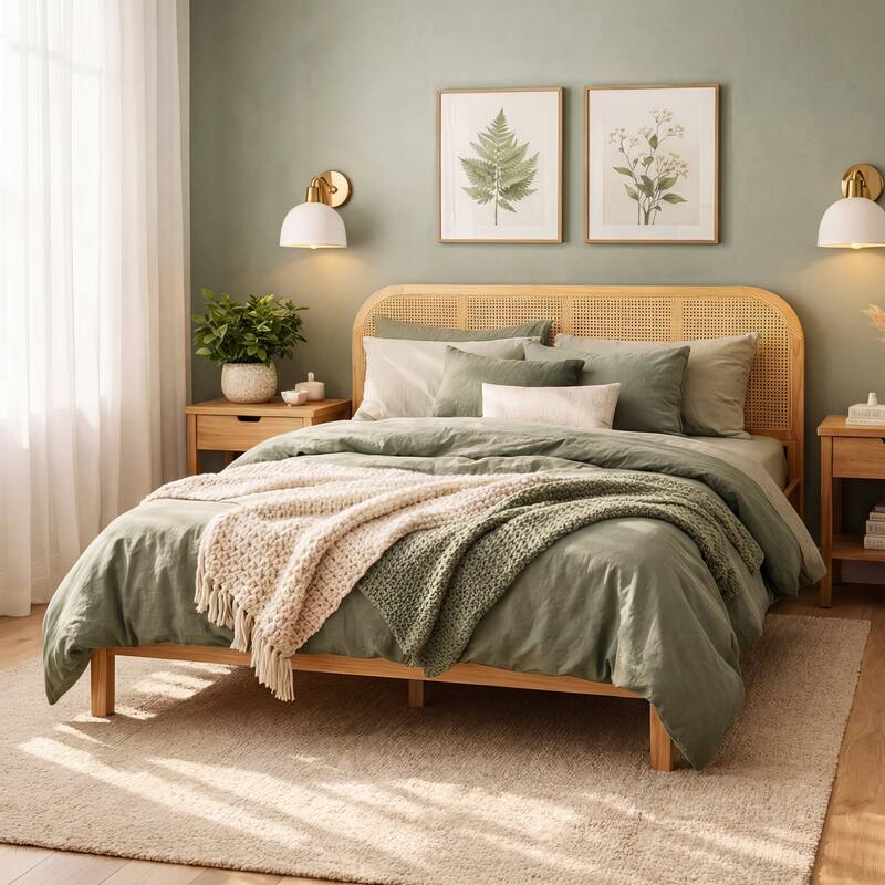 Christopher Knight Home - Boho Solid Wood Bed Frame with Rattan Headboard - Queen - Brown