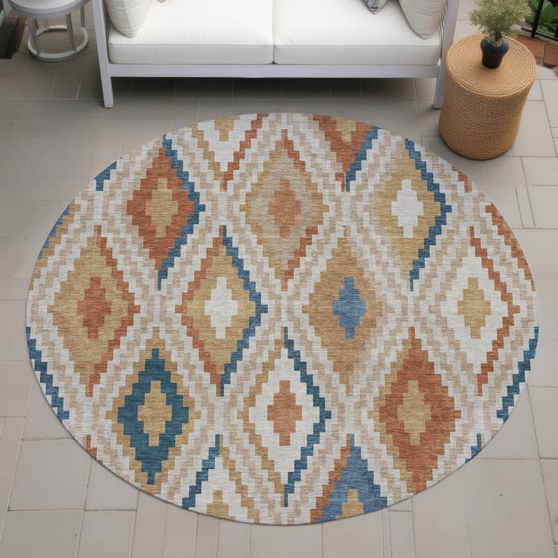 Machine Washable Indoor/ Outdoor Global Geo Chantille Rug - Beige - 8' x 8'