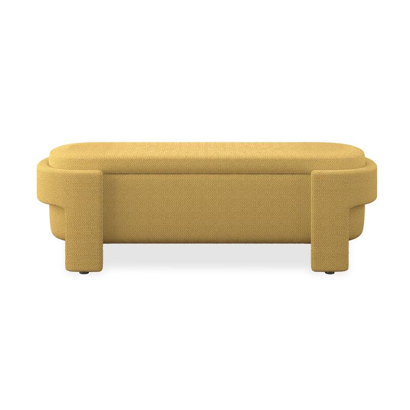Upholstered Storage Bench Oval Ottoman w/ Large Storage Space, End of Bed Benches Bedroom Linen Fabric Footrest for Living Room