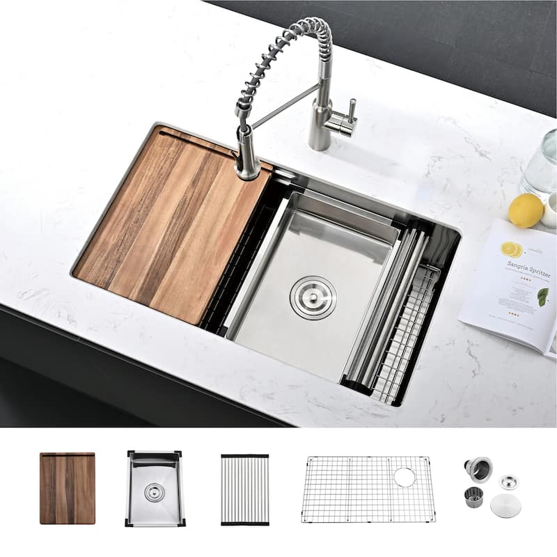 32 Inch Stainless Steel Single Bowl Undermount Double Ledges Workstation Kitchen Sink With Sliding Accessories - Silver