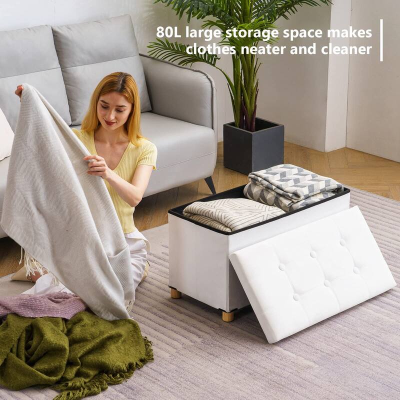 30 Inches Storage Ottoman Bench, Velvet Storage Bench, Folding Storage Chest, Footrest Couch with Wooden Legs, Support 350lbs