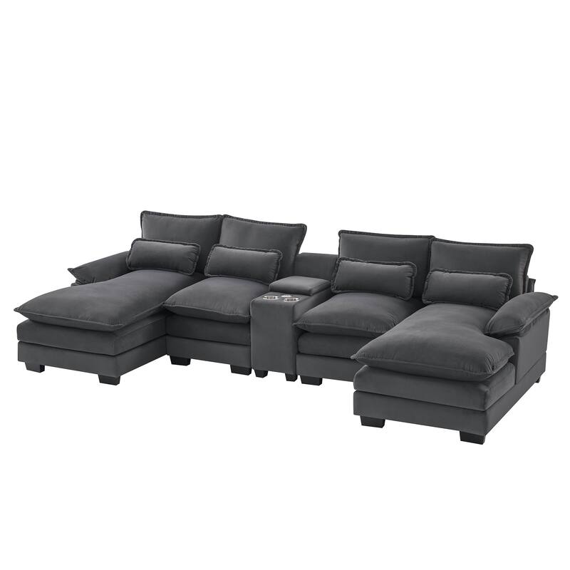 6-seat Upholstered Sectional Sofa with Console, 123*55" U-shaped Sofa with Cupholders and 4 Pillows for Livingroom