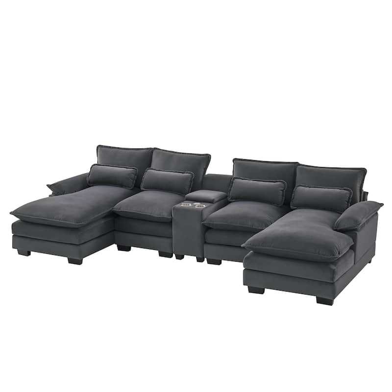 White 123*55" U-shaped Modular Sleeper Sofa with USB Ports and Console