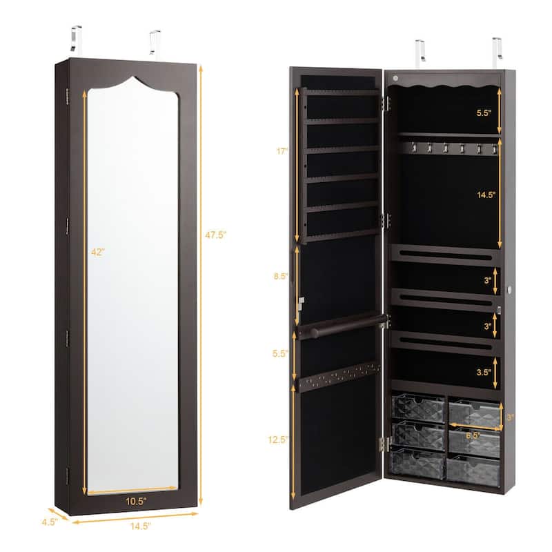 Gymax Wall Door Mounted Jewelry Cabinet Organizer LED Mirror Brown
