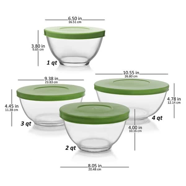 Libbey Baker's Basics 4-Piece Glass Mixing Bowl Set with Plastic Lids, Multi-Size
