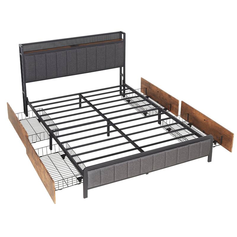 VECELO Bed Frames with Charging Stations, Upholstered Platform Beds with Storage Headboard and 4 Drawers