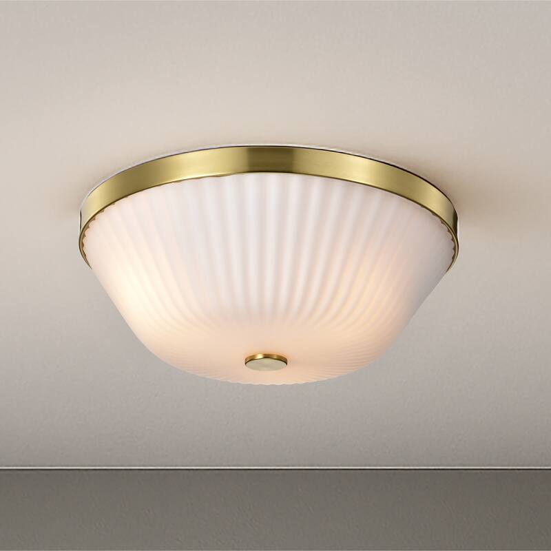 Royale 3 Light Flush Mount Burnished Brass Finish Ribbed White Glass - Burnished Brass