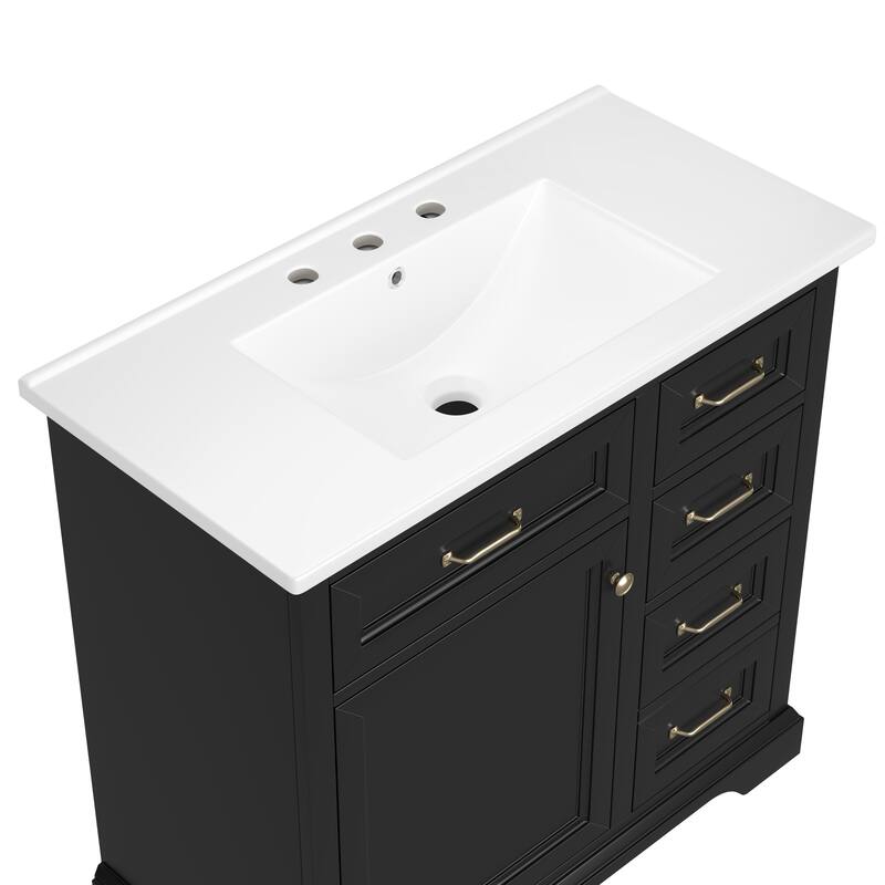 Roomfitters 36" Bathroom Vanity with Integrated Ceramic Sink, 2 Tip-out Drawers, Adjustable Shelving & Soft-Close Hinges, Black