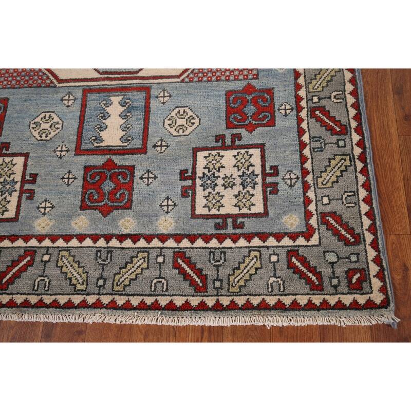 Blue Geometric Kazak Oriental Accent Rug Hand-Knotted Wool Carpet - 3'7" x 5'0"