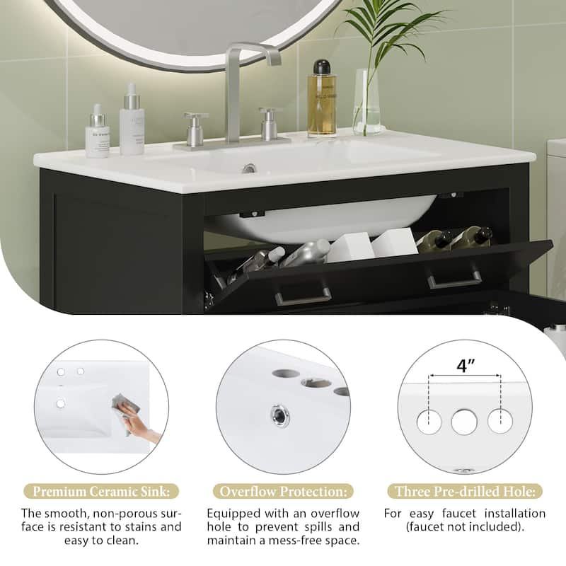 30" Modern Bathroom Vanity with Ceramic Sink, Soft-Close Doors, Flip-Out Drawer & Adjustable U-Shaped Shelf