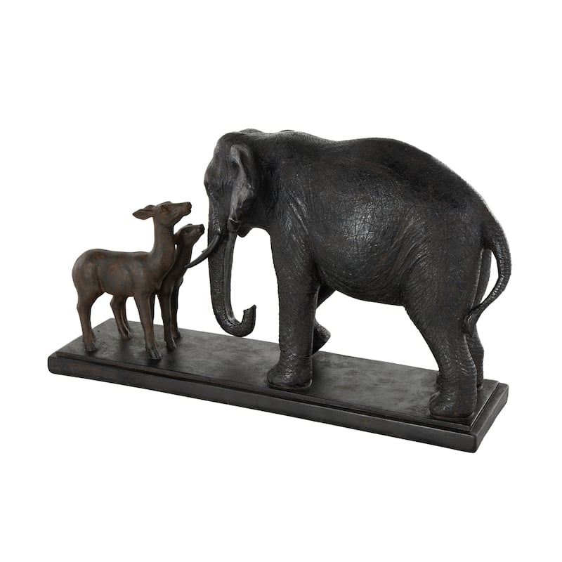 Black Resin Walking Elephant Decorative Sculpture with Dark Brown Deer - 6"W x 20"L x 11"H