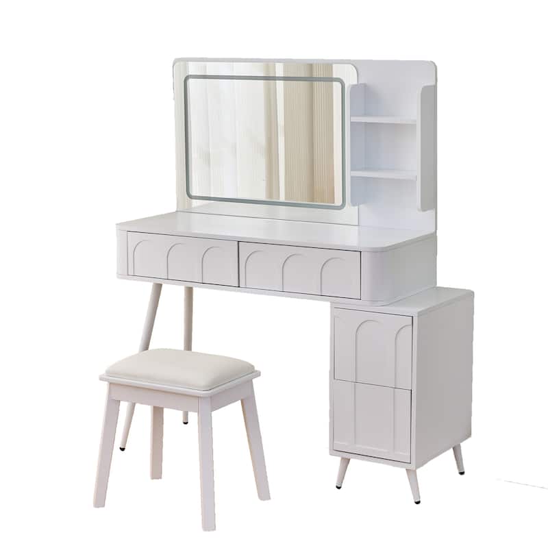 Modern 3 Colors LED Makeup Vanity Desk with Mirror, 4 Drawers and Stool - White
