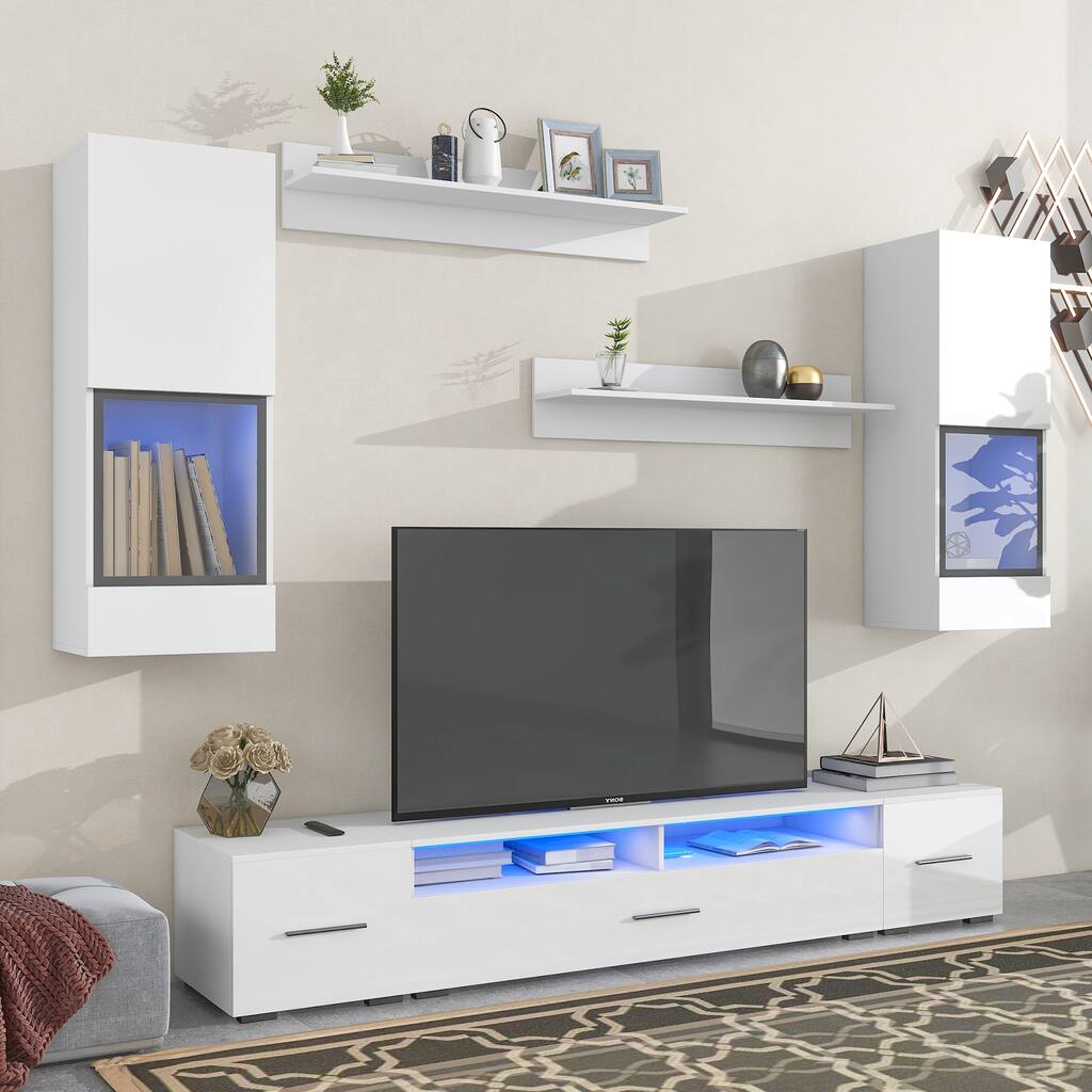 High Gloss Floating TV Stand with 16-Color RGB LED Lights & 2 Shelves Complete TV Cabinet Set with 3 Storage Cabinets