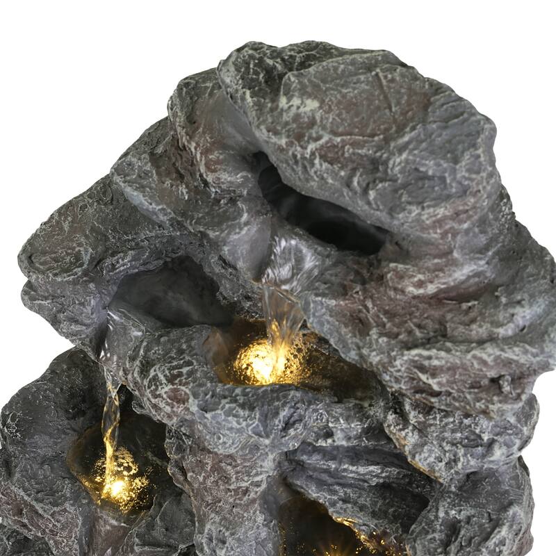 Roomfitters 24" 5-Tiered Tall Slim Concrete Outdoor Fountain with LED Lights, Space-Saving Faux Stone Column Water Feature, Gray