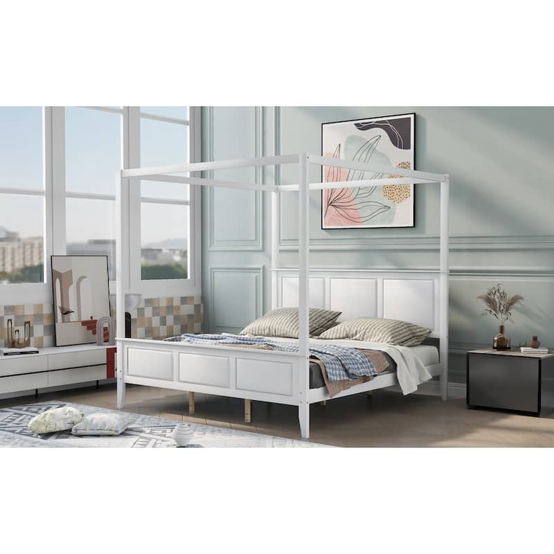 White Canopy Platform Bed King Size, Pine Wood & MDF, Modern Design