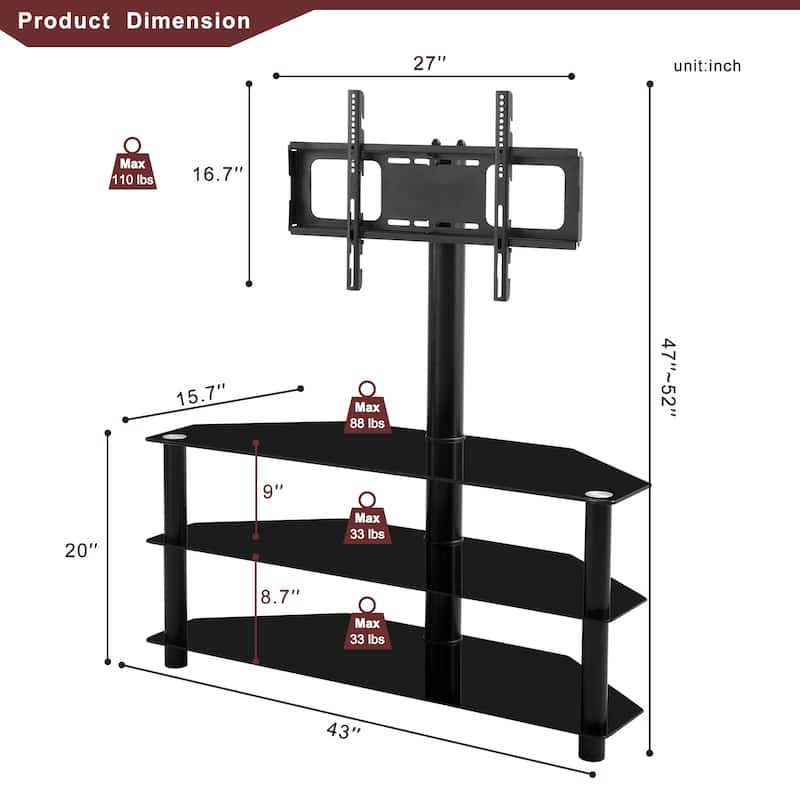 Black Multi-function TV Stand Height Adjustable Bracket Swivel 3-Tier fits 32”-65“TV