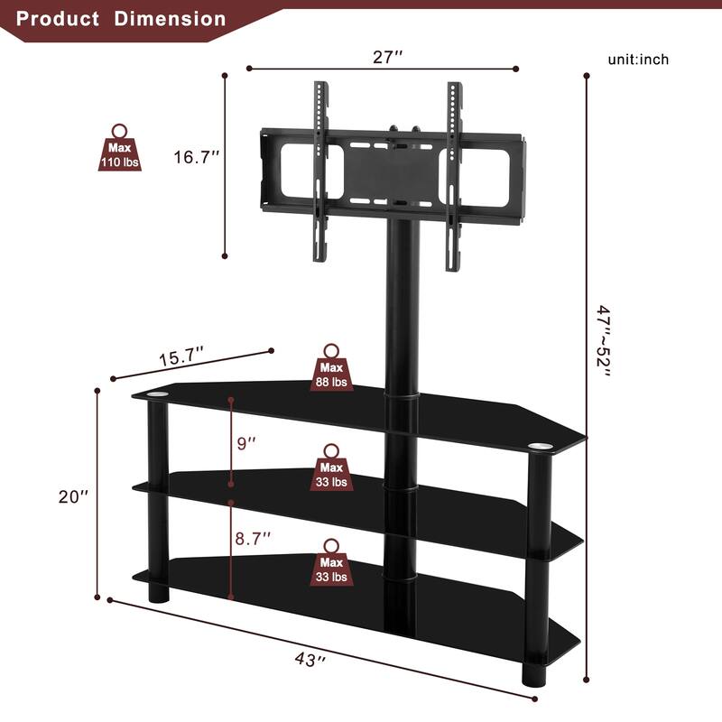 Swivel TV Stand with Glass Shelves & Adjustable Height for 32-65" TVs