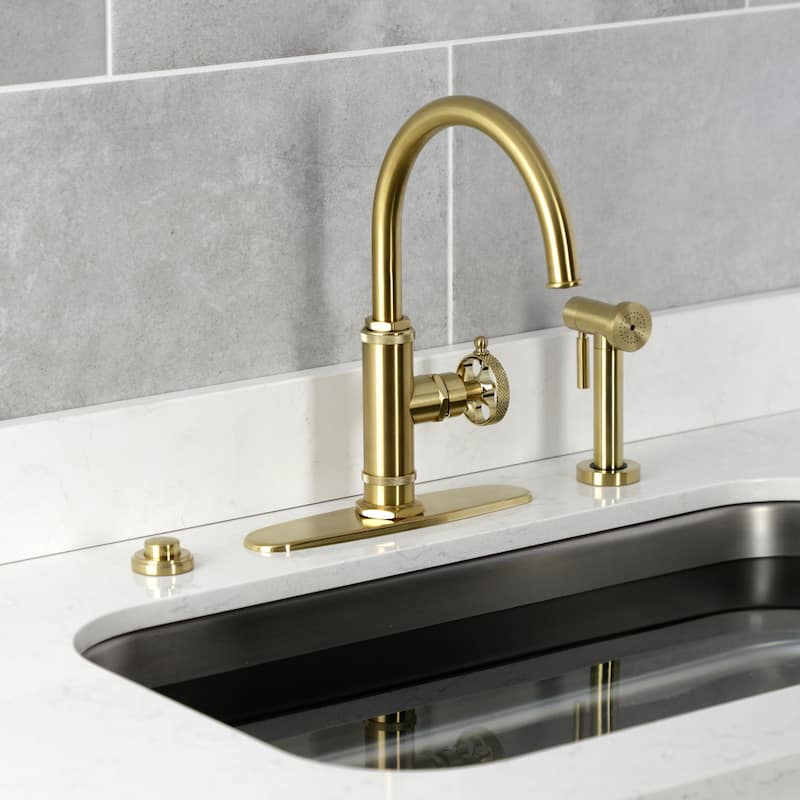 Kingston Brass Webb Single-Handle 1-Hole Deck Mount Kitchen Faucet with Knurled Handle and Brass Side Sprayer