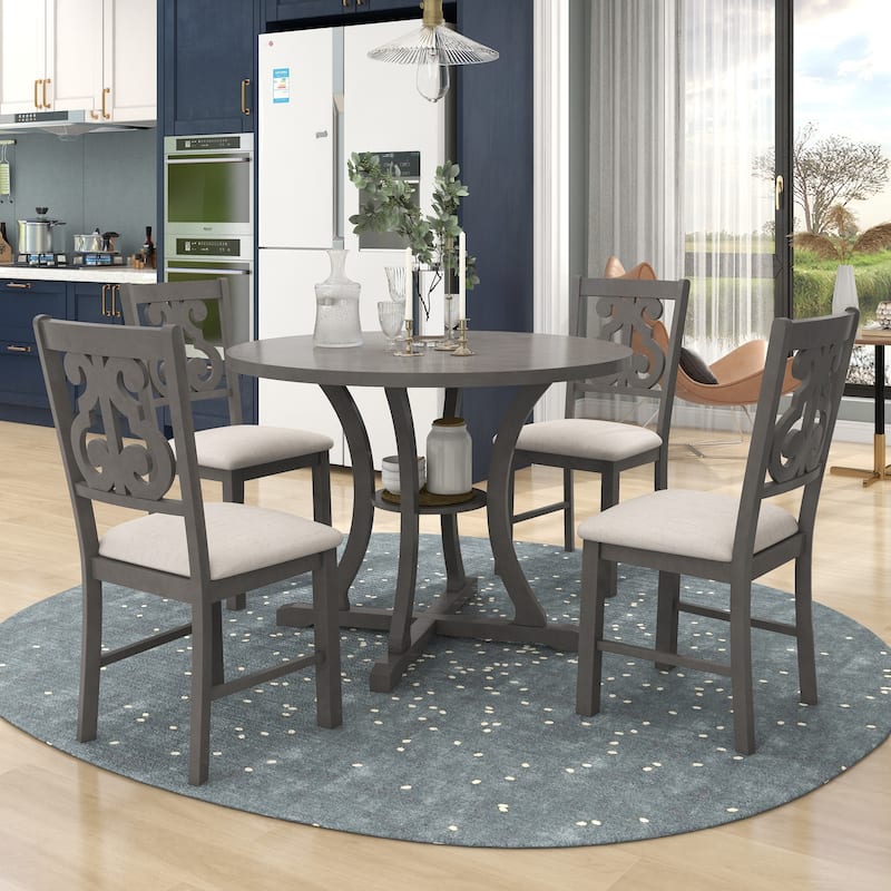 5 Piece Round Dining Table Upholstered Chair Set with Special-Shaped Legs and Hollow Chair Back, Under Table with Shelf