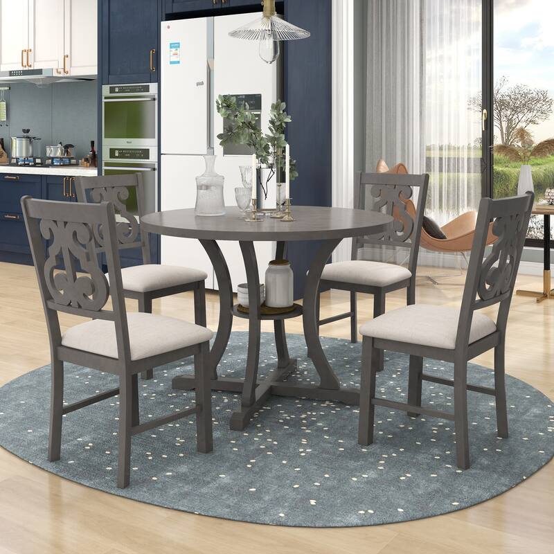 5-Piece Wooden Dining Table Set with Round Table, 4 Chairs & Shelf