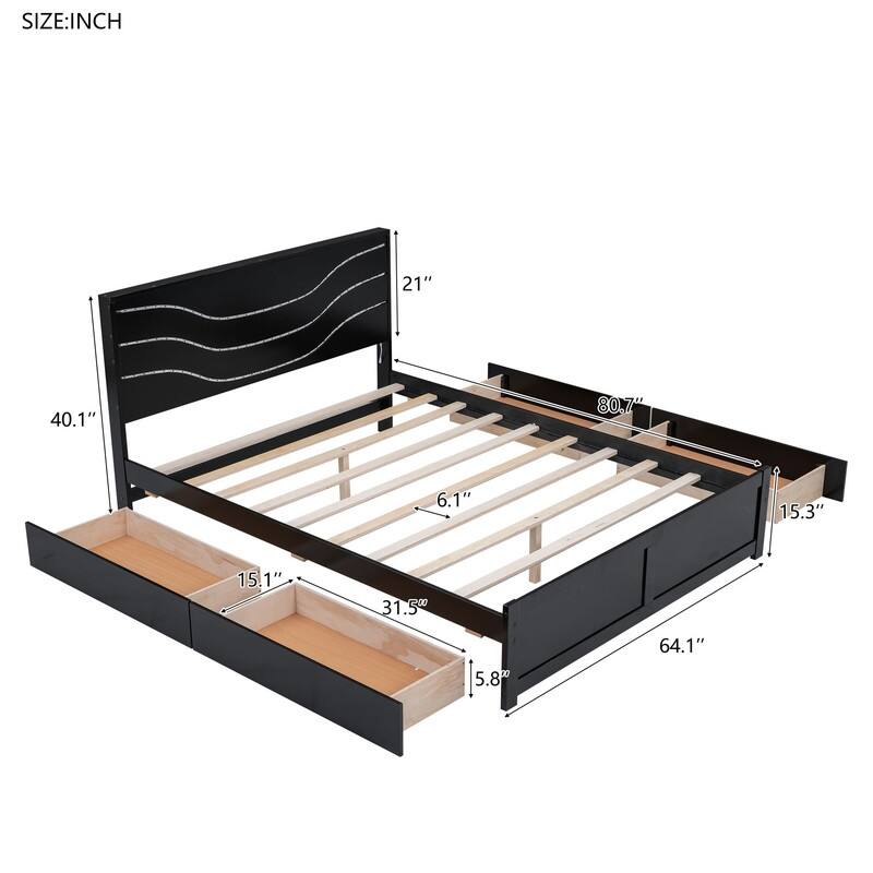 Queen Size Headboard with LED Lights, Wood Platform Bed with Clean Lines Design, Storage Bed