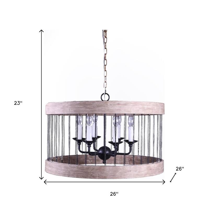 HomeRoots Black And Natural Wood and Metal Cylinder Six Light Dimmable Chandelier - 26.00' X '23.00' X '26.00