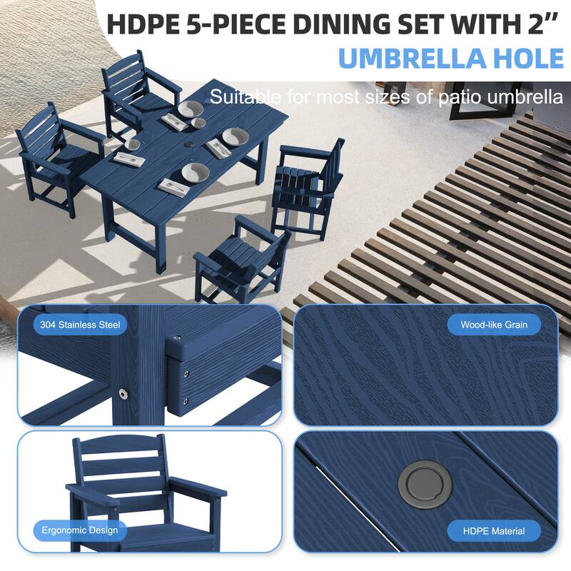 5-Piece HDPE Outdoor Dining Table Sets with Umbrella Hole - 1-Table 4-Chairs