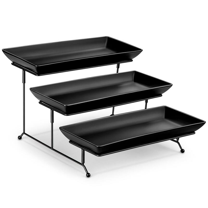MALACASA PLAT 3-Tier 12" & 14" Porcelain Dessert Stand Black Iron Base - Black - 14-in