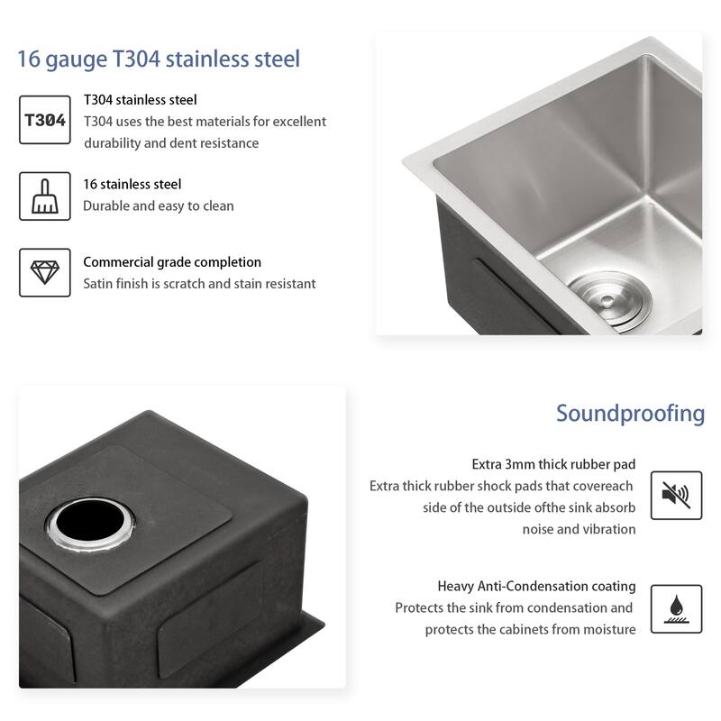 Undermount Kitchen Sink 16 Gauge 9 Inch Deep Single Bowl Kitchen Sink Basin, Includes Drain Assembly (No Additional Accessories)