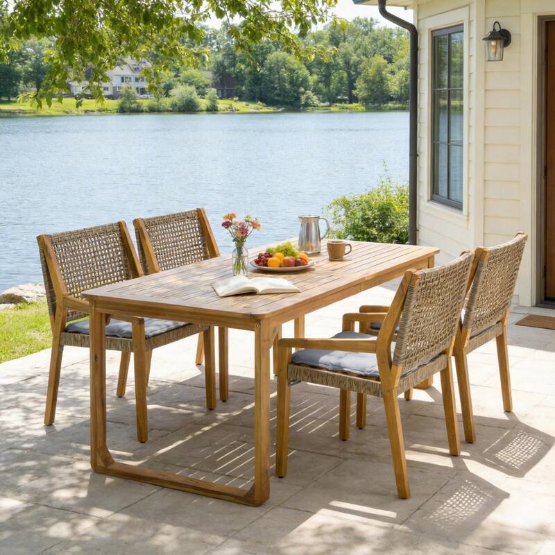 Christopher Knight Home - Ronan Outdoor Acacia Wood Dining Set with Wicker Back Chairs & Curved Leg Dining Table, Teak Finish - 5-Piece Set-Brown+Grey