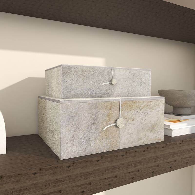 Gray Leather Handmade Box with Hinged Lid (Set of 2) - White or Gold