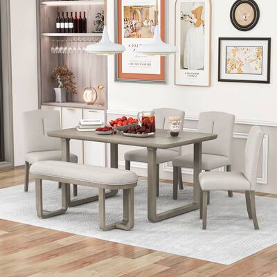 6-Piece Retro Dining Set With Dining Table,4 Upholstered Chairs & Bench With Foam-covered Seat Backs&Cushions