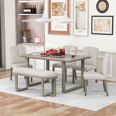 6-Piece Retro Style Dining Set Includes Dining Table, 4 Upholstered Chairs 1 Bench