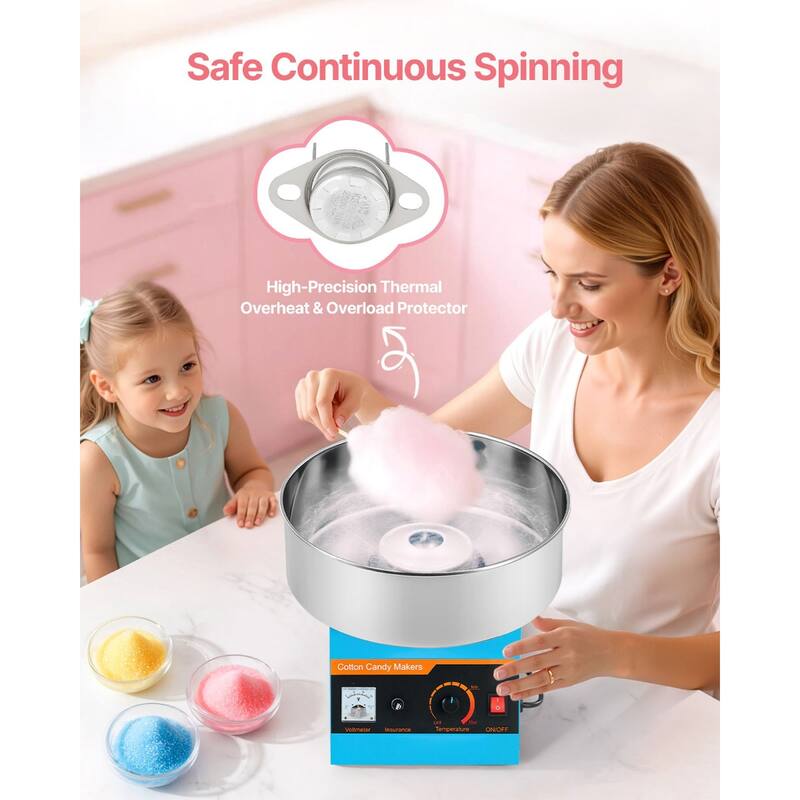 Blue Stainless Steel 1000W Cotton Candy Machine with 1 Hour Run and Easy Cleanup - 14.96x14.96x13.31 in