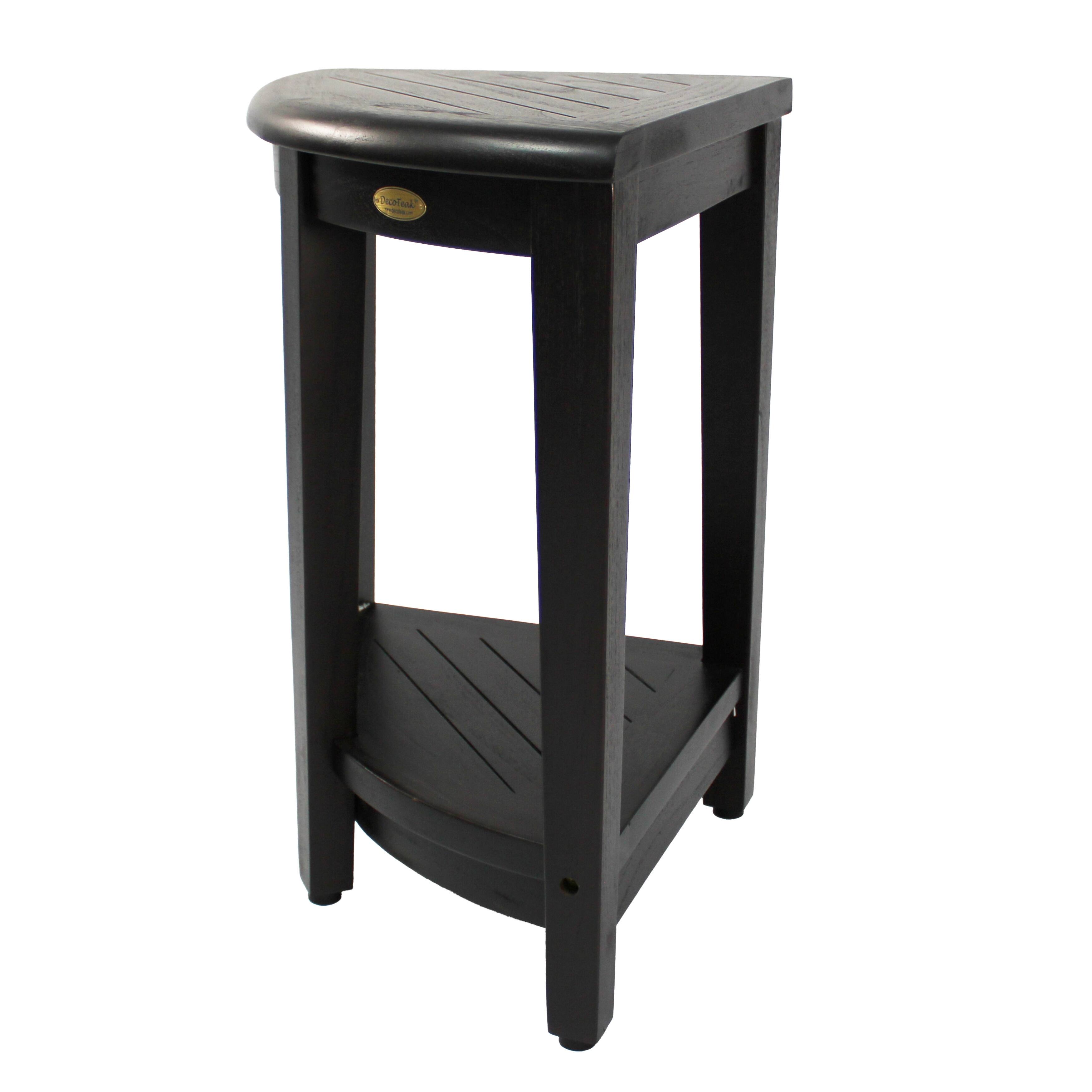 DecoTeak Oasis Extended Height Teak Corner Shower Bench With Shelf in