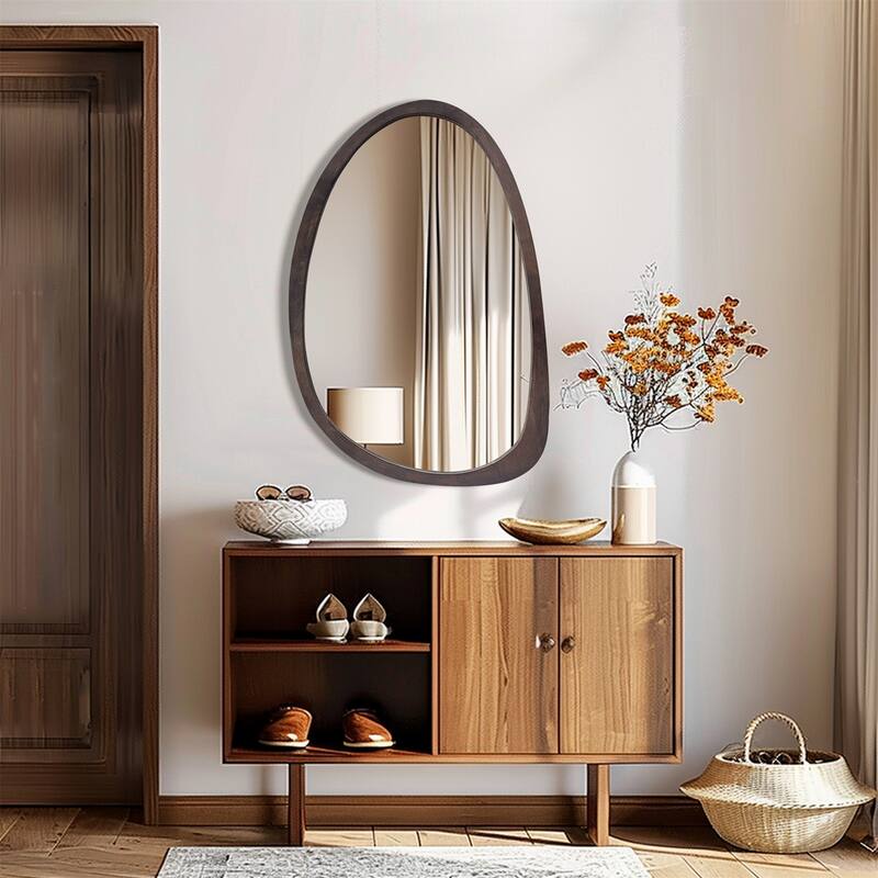 Industrial Irregular Wall Hanging Mirror Walnut Wood Frame Farmhouse Accent Mirror