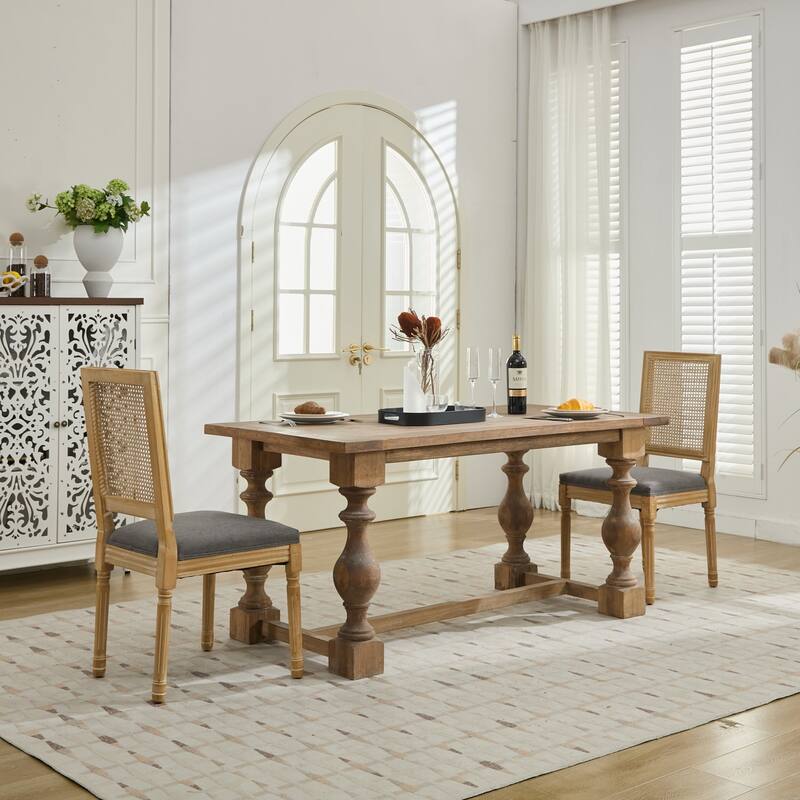 GDF Studio - French Modern Wood Dining Chairs with Rattan Backrest, Upholstered Seat, Set of 2 with Carved Frame