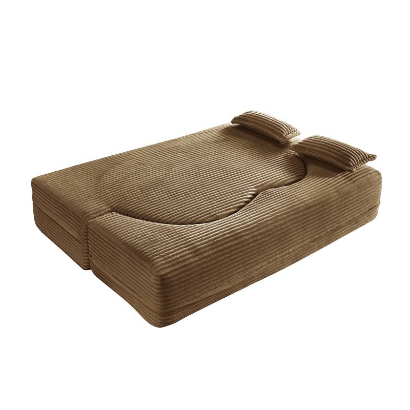 Floor Sofa With 2 Pillows,Convertible Plush Corduroy Foam-Filled Sleeper Sofa Bed,15" Full Size Folding Mattress,Guest Bed