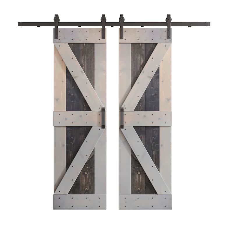 Coast Sequoia 60in x 84in K Series Pine Wood Double Sliding Barn Door With Hardware Kit - Carbon Grey / Light Grey
