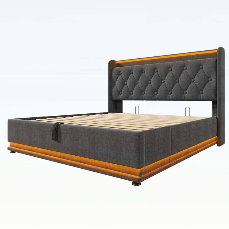 Classic Upholstered Bed with 360 LED Lighting,Hydraulic Storage,and USB Charging