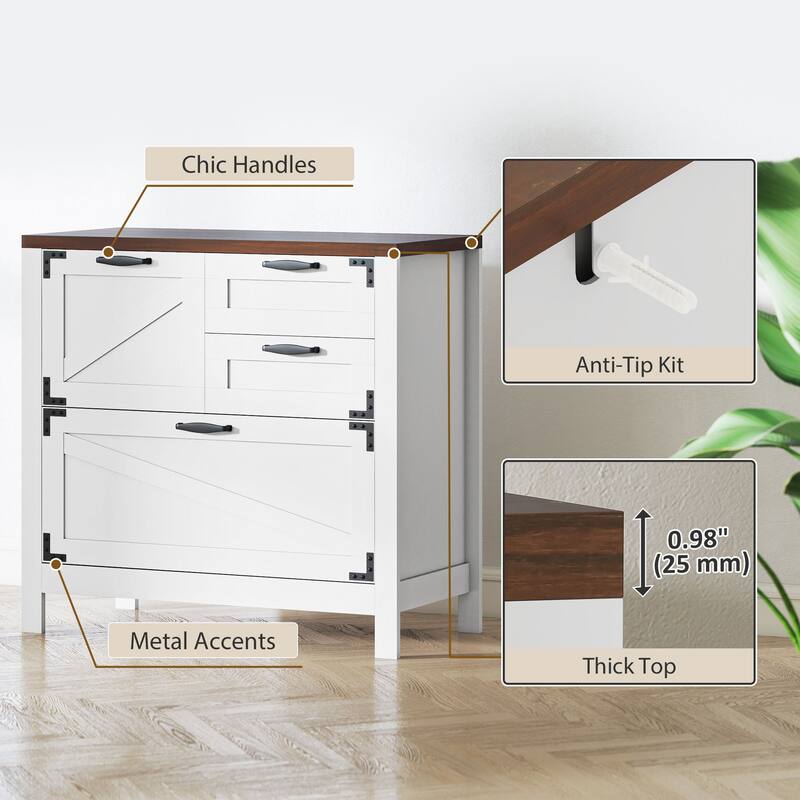 HOMCOM 4 Drawer File Cabinet, Farmhouse Lateral Filing Cabinet with Adjustable Hanging Rails for Letter/A4/Legal Size Files