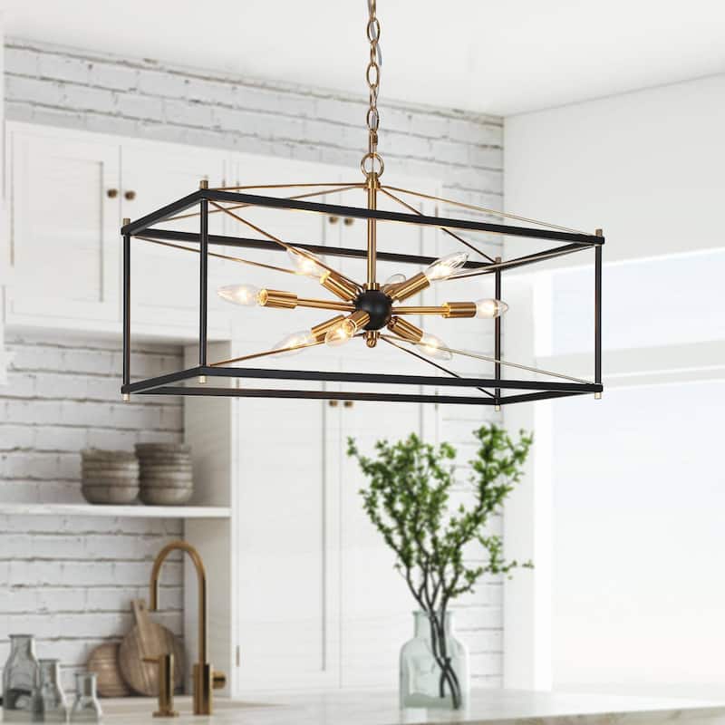 Leno Modern Farmhouse 8-Light Black Gold Rectangle Chandelier Starburst Island Lights for Dining Room - 26" L x 10" W x 14" H