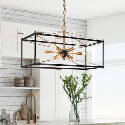 Leno Modern Farmhouse 8-Light Black Gold Rectangle Chandelier Starburst Island Lights for Dining Room - 26" L x 10" W x 14" H