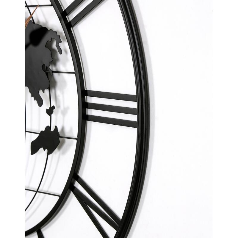 Roomfitters 36" Large Black Metal Wall Clock, Modern Silent World Map Design with Elegant Gold Pointers