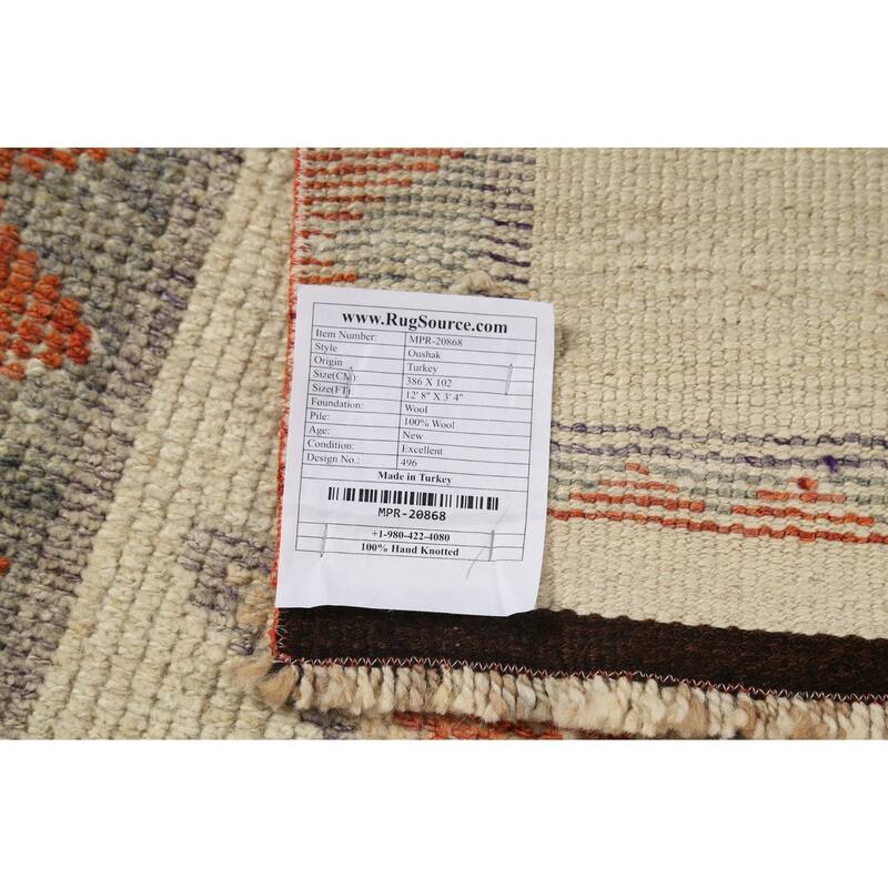 Oushak Turkish Runner Rug Hand-Knotted Wool Carpet - 3'4"x 12'8"