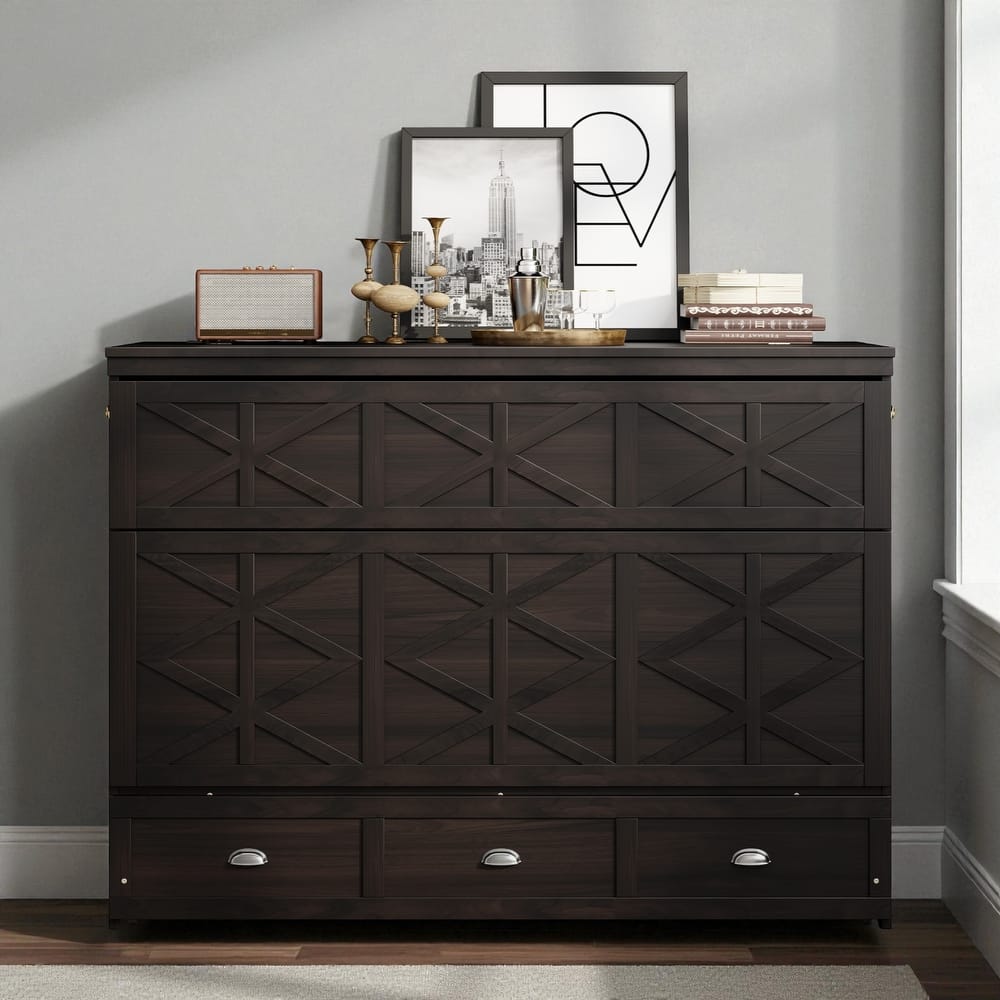 Queen Size Murphy Bed with USB Ports and Large Storage Drawers, Space-Saving Wall Bed Cabinet, Modern Brushed Finish