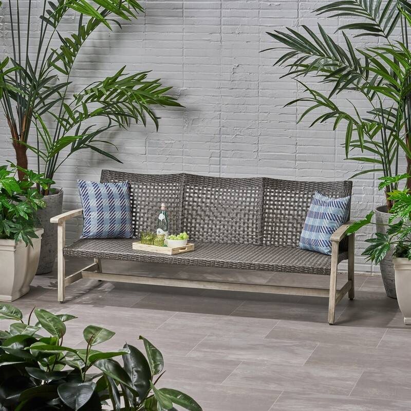 Outdoor Acacia Wood Wicker 3 Seater Sofa, Patio Furniture Conversation Set for Backyard - Grey