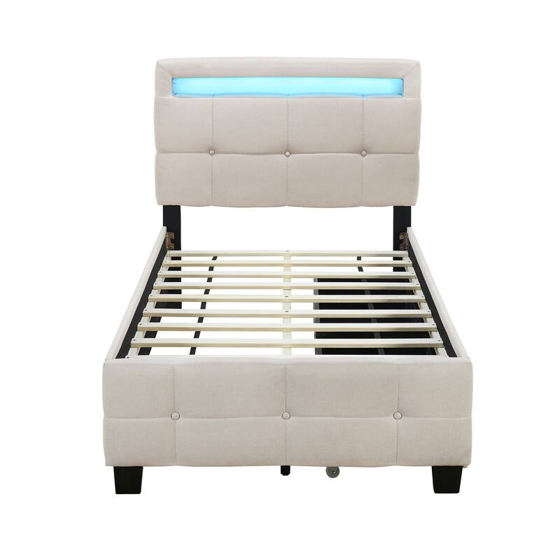 Linen Upholstered Platform Bed Frame with LED Light Headboard & 2 Drawers